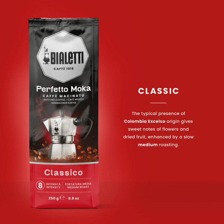 Bialetti Perfetto Moka coffee package on a red background with description