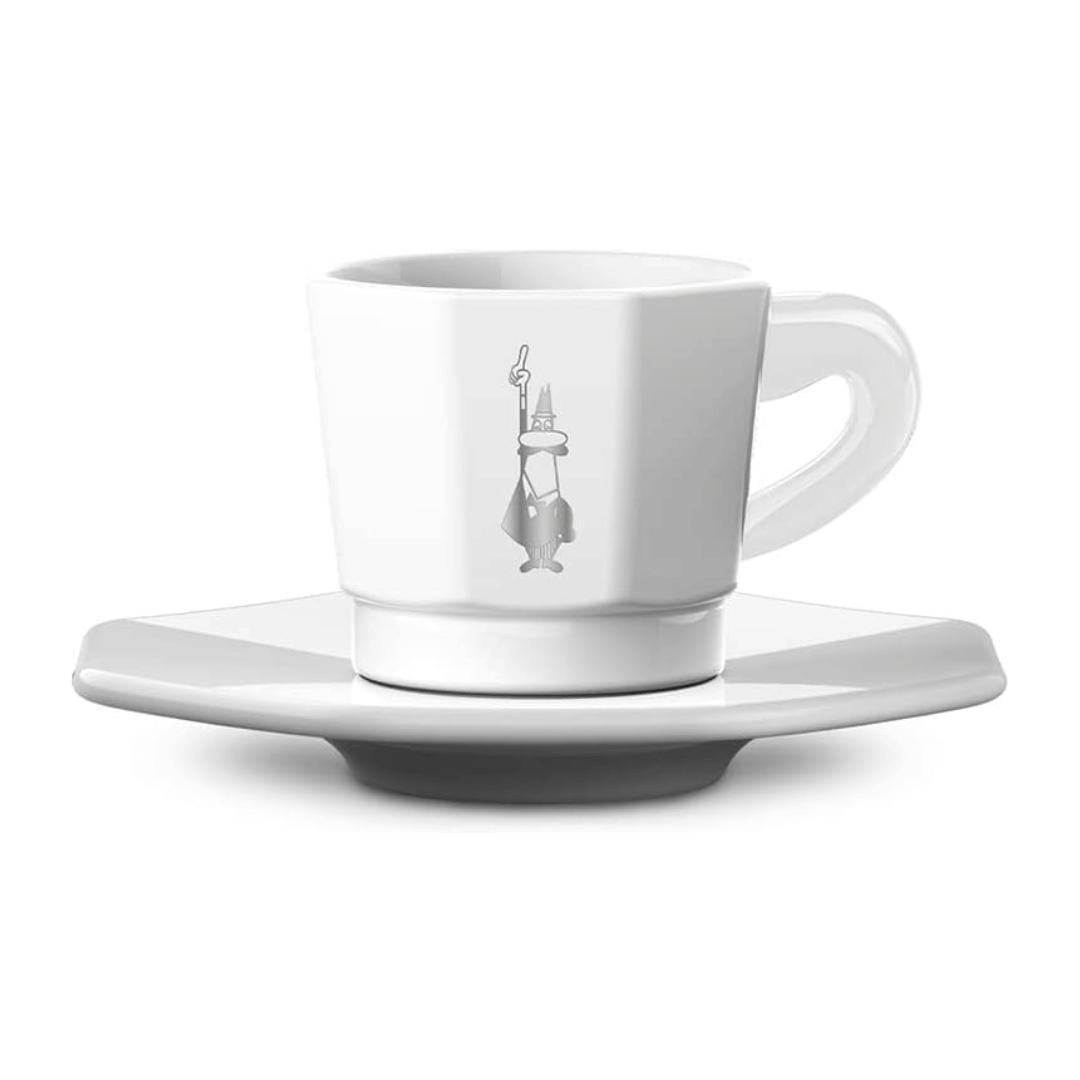 bialetti white espresso cup with silver bialetti man