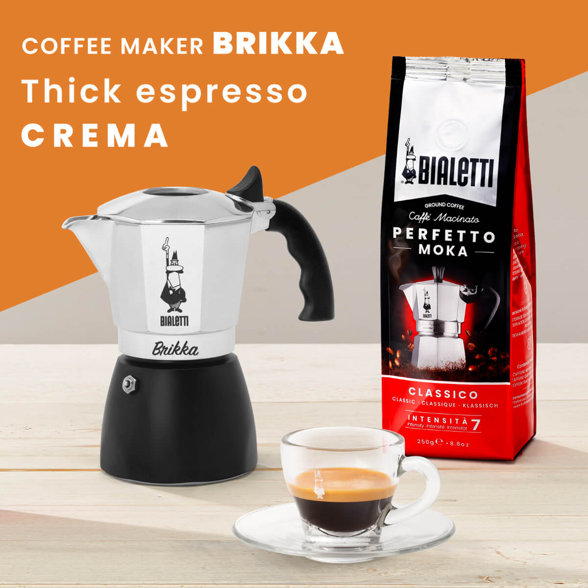 Brikka coffee maker and moka ground italian coffee
